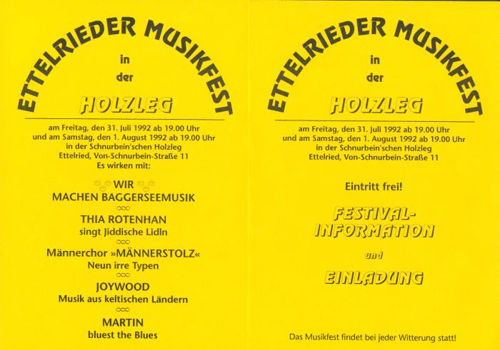 1. Gemeinntziges Festival fr akustische Musik in der Ettelrieder Holzleg 1992