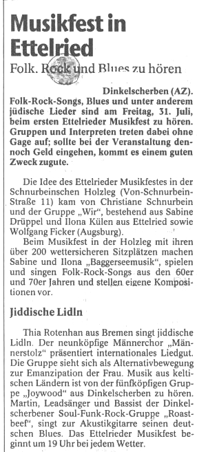 1st Festival for acoustic music at the Ettelrieder Holzleg for the public benefit 1992