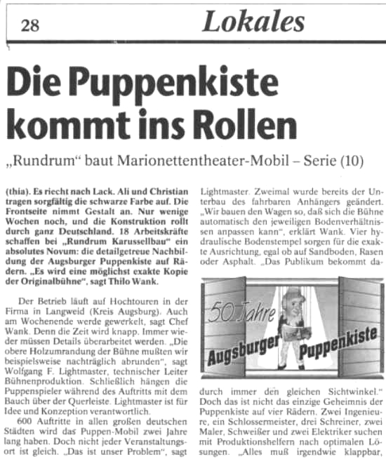 1st German Tour Augsburger Puppenkiste 1998/99 - Augsburger Allgemeine Zeitung 2-10-1998
