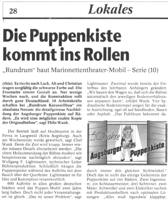 1st German Tour Augsburger Puppenkiste 1998/99 - Augsburger Allgemeine Zeitung 2-10-1998